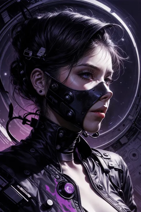 a woman with a mask on her face and a purple background with circles and lines around her face and a black and white mask, Android Jones, game art, cyberpunk art, neo-figurative, <lora:add_detail:1>, <lora:novel_bright:.5>