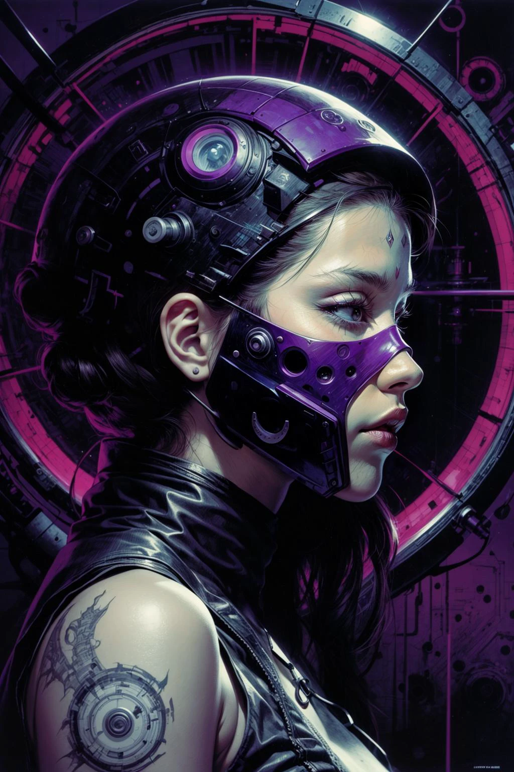 une femme avec un masque sur le visage et un fond violet avec des cercles et des lignes autour de son visage et un masque noir et blanc, Android Jones, art du jeu, art cyberpunk, néo-figuratif, 