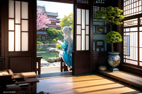 highly insanely detailed, masterpiece, top quality, best quality, highres, 4k, 8k, RAW photo, (very aesthetic, beautiful and aesthetic), (1girl:1.2), sitting, looking to the side, ancient_chinese_indoors, (window:1.3), indoors, (courtyard:1.3), sunlight, painting \(object\), curtains, tree, plant, see-through, (trees out of the window:1.2), (translucence:1.2), hanfu, wooden floor, <lora:ancient_chinese_indoors:0.7>, 
water, lake, lotus, feet, mist, trees, building, (barefoot:1.2)