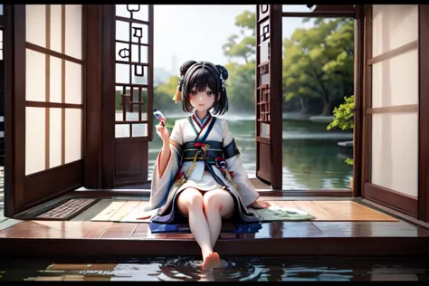 highly insanely detailed, masterpiece, top quality, best quality, highres, 4k, 8k, RAW photo, (very aesthetic, beautiful and aesthetic), (1girl:1.2), sitting, looking to the side, ancient_chinese_indoors, (window:1.3), indoors, (courtyard:1.3), sunlight, painting \(object\), curtains, tree, plant, see-through, (trees out of the window:1.2), (translucence:1.2), hanfu, wooden floor, water, lake, lotus, feet, mist, trees, building, (barefoot:1.2)