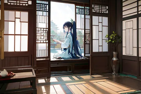 highly insanely detailed, masterpiece, top quality, best quality, highres, 4k, 8k, RAW photo, (very aesthetic, beautiful and aesthetic), (1girl:1.2), sitting, looking to the side, ancient_chinese_indoors, (window:1.3), indoors, (courtyard:1.3), sunlight, painting \(object\), curtains, tree, plant, see-through, (trees out of the window:1.2), (translucence:1.2), hanfu, wooden floor, water, lake, lotus, feet, mist, trees, building, (barefoot:1.2)