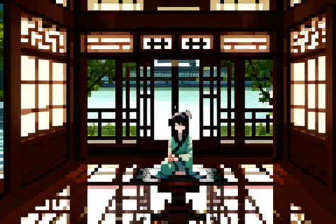 highly insanely detailed, masterpiece, top quality, best quality, highres, 4k, 8k, RAW photo, (very aesthetic, beautiful and aesthetic), (1girl:1.2), sitting, looking to the side, ancient_chinese_indoors, (window:1.3), indoors, (courtyard:1.3), sunlight, painting \(object\), curtains, tree, plant, see-through, (trees out of the window:1.2), (translucence:1.2), hanfu, wooden floor, <lora:ancient_chinese_indoors:0.7>, 
water, lake, lotus, feet, mist, trees, building, (barefoot:1.2)