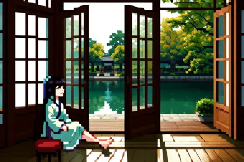 highly insanely detailed, masterpiece, top quality, best quality, highres, 4k, 8k, RAW photo, (very aesthetic, beautiful and aesthetic), (1girl:1.2), sitting, looking to the side, ancient_chinese_indoors, (window:1.3), indoors, (courtyard:1.3), sunlight, painting \(object\), curtains, tree, plant, see-through, (trees out of the window:1.2), (translucence:1.2), hanfu, wooden floor, <lora:ancient_chinese_indoors:0>, 
water, lake, lotus, feet, mist, trees, building, (barefoot:1.2)