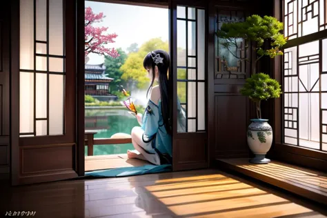 highly insanely detailed, masterpiece, top quality, best quality, highres, 4k, 8k, RAW photo, (very aesthetic, beautiful and aesthetic), (1girl:1.2), sitting, looking to the side, ancient_chinese_indoors, (window:1.3), indoors, (courtyard:1.3), sunlight, painting \(object\), curtains, tree, plant, see-through, (trees out of the window:1.2), (translucence:1.2), hanfu, wooden floor, <lora:ancient_chinese_indoors:0.5>, 
water, lake, lotus, feet, mist, trees, building, (barefoot:1.2)