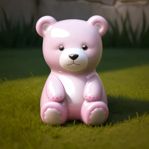 there is a pink teddy bear sitting on the grass in the yard