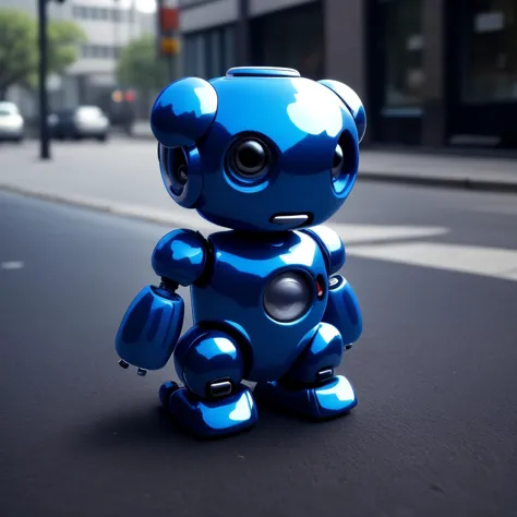 there is a blue robot sitting on the street in the middle of the street