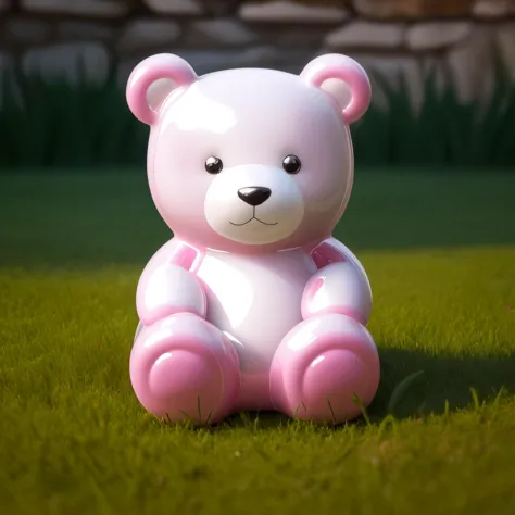 a (pcporcelaincd, shiny:1.2, pink theme:1.3) bear, simple toy, toy model, sitting on lawn, (solo:1.2), <lora:pcporcelaincd-000005:0.9>, no humans, high quality, masterpiece, realistic, photorealistic, (outdoors, lawn)