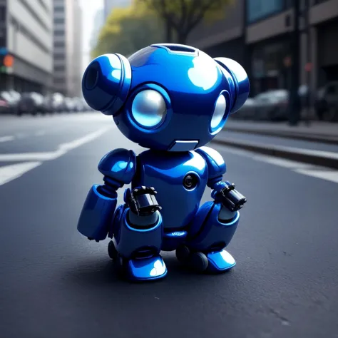 there is a blue robot sitting on the street with a cell phone