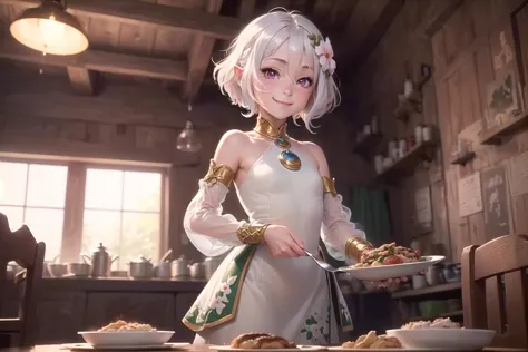 ((best quality)), ((masterpiece)), (detailed), <lora:kokkoro_v1:0.8> 1girl, petite, kokkoro, pink eyes, short white hair, white hair flower, white dress, detached sleeves, looking at viewer, smile, closed mouth, indoors, tavern, (big worms on a plate:1.1), cooked bugs, food, (high-resolution:1.2)