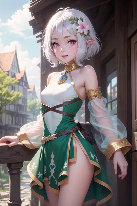 ((best quality)), ((masterpiece)), (detailed), <lora:kokkoro_v1:1> 1girl, petite, kokkoro, pink eyes, short white hair, white hair flower, white dress, detached sleeves, looking at viewer, :d, cowboy shot, outdoors, fantasy, village, (high-resolution:1.2)