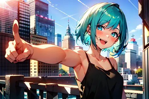 anime girl with blue hair pointing at the camera