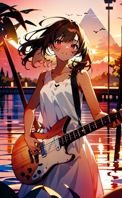 anime girl with guitar by the water at sunset