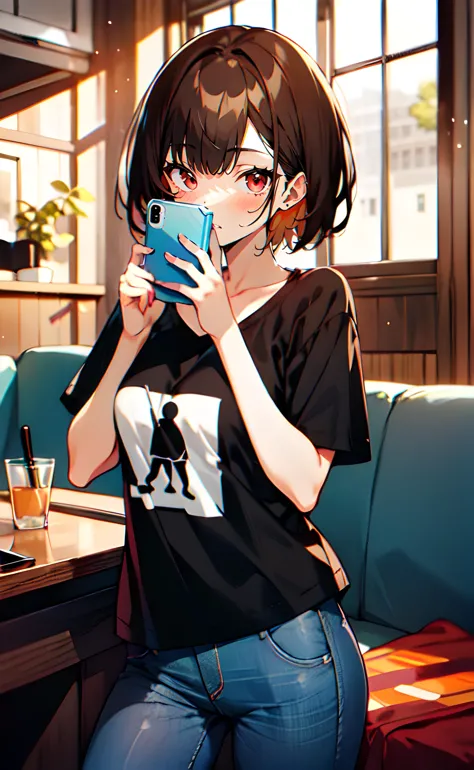 anime girl with glasses and a black shirt holding a cell phone