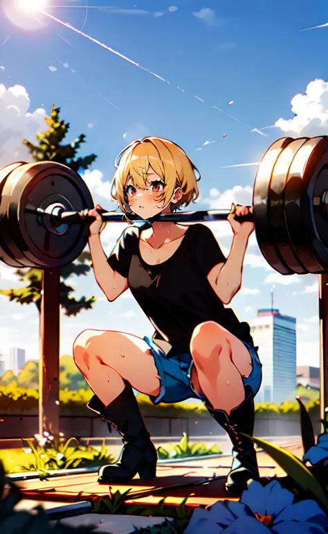 anime girl squatting with a barbell in a park