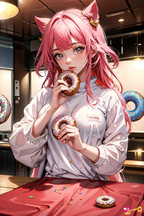 wide eyes, tsurime, girl eating a big, frosted donut with sprinkles, indoors