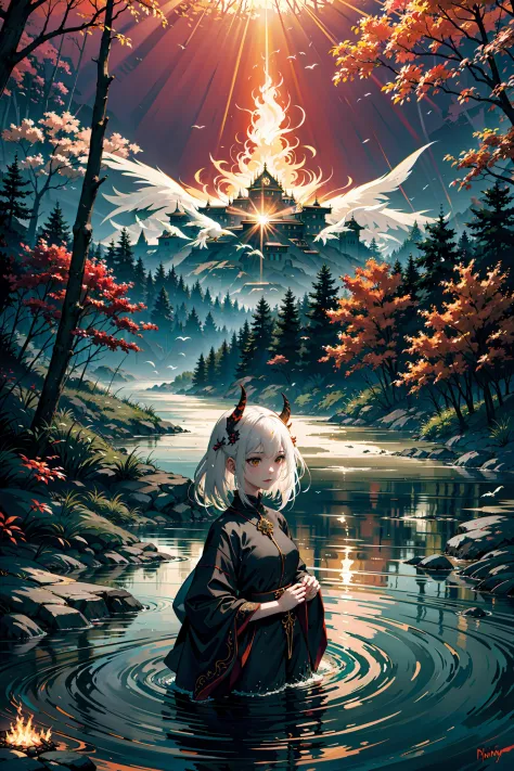 centered, upper body, 1girl, white hair, demon horns, (wide shot:1.4), plains, bushes, forest, river, flowing river, volumetric ...