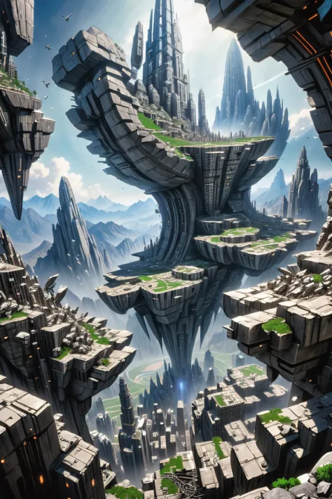 a futuristic city surrounded by mountains and rocks