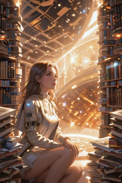 a woman sitting in a library with books and a light shining through the window