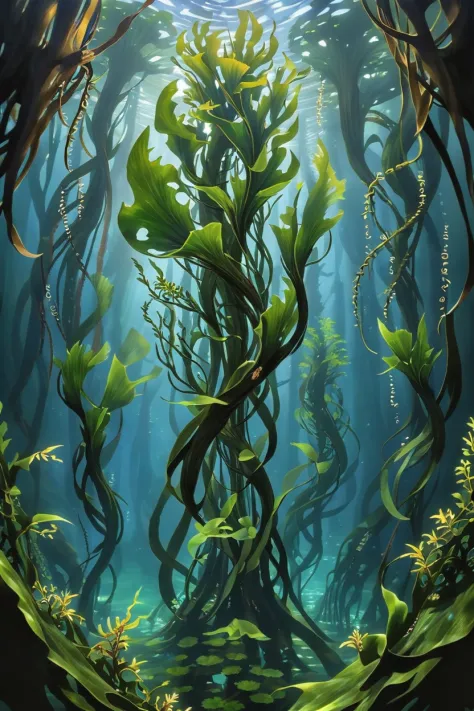 a painting of a large plant in a deep blue water