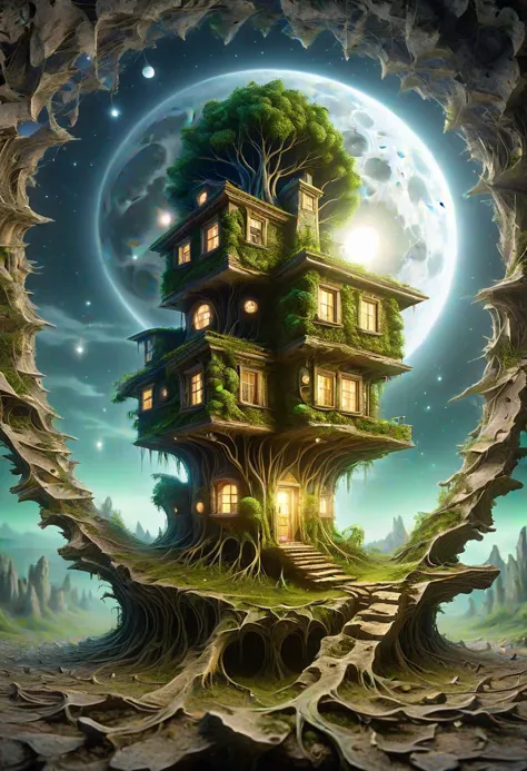 a painting of a tree house in the middle of a forest