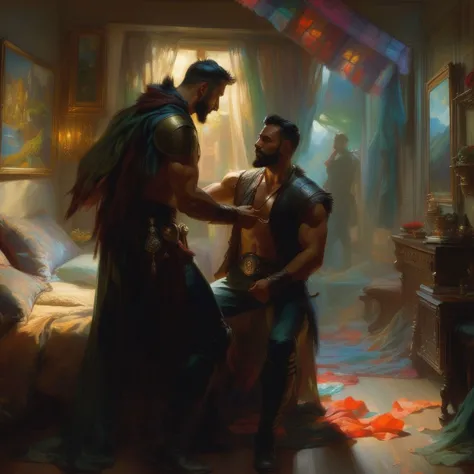 futuristic epic fantasy, science fiction, high-tech, legendary, whimsical, magical, mythical. action shot.
a homoerotic, homoromantic, gay, loving, exciting, steamy, magnificent, amazing, sexy, dramatic masterpiece (by Daniel F Gerhartz|Gaston Bussiere|Jeremy Mann|Maximilian Pirner:1.9) of A and B.
A is a short, dark-brown-skinned, muscular, iranian man with very short hair, and a perfect beard.
B is a tall, dark-tan-skinned, athletic, mexican protector with very short hair, and a short beard.
A and B are both in their early 30s, extremely attractive, virile, powerful, masculine, hairy, strong, desirable, and manly. A and B are wearing clothing from the distant future resembling Robin Hood.
The setting is indoors, in a bedroom. A and B are hugging one another.
The overall mood is provocative, passionate, expressive, sensual, magical, and visceral, evocative of gay romance, gravitas, and love.
extremely detailed, romantic lighting, romantic mood, romantic atmospheric, shadowplay, vignette.