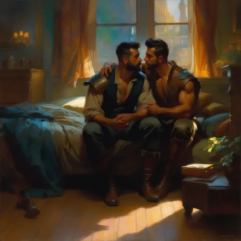 futuristic epic fantasy, science fiction, high-tech, legendary, whimsical, magical, mythical. action shot.
a homoerotic, homoromantic, gay, loving, exciting, steamy, magnificent, amazing, sexy, dramatic masterpiece (by Daniel F Gerhartz|Gaston Bussiere|Jeremy Mann|Maximilian Pirner:1.9) of A and B.
A is a short, dark-brown-skinned, muscular, iranian man with very short hair, and a perfect beard.
B is a tall, dark-tan-skinned, athletic, mexican protector with very short hair, and a short beard.
A and B are both in their early 30s, extremely attractive, virile, powerful, masculine, hairy, strong, desirable, and manly. A and B are wearing clothing from the distant future resembling Robin Hood.
The setting is indoors, in a bedroom. A and B are hugging one another.
The overall mood is provocative, passionate, expressive, sensual, magical, and visceral, evocative of gay romance, gravitas, and love.
extremely detailed, romantic lighting, romantic mood, romantic atmospheric, shadowplay, vignette.