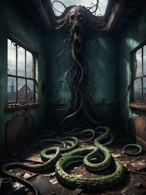 photorealistic, detailed digital illustration of a  Slithering, tentacled horror in shadows , Desolate, decaying factory with ghostly echoes in the background <lora:xl_more_art-full_v1:0.4>,  <lora:NicolaSamori:0.8>, <lora:EnvyBrokenRealityXL01:0.7>