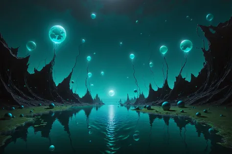 photorealistic, detailed digital illustration of a A bioluminescent lagoon, where the water's surface is adorned with floating, glowing orbs that emit an otherworldly glow beneath the moonlit sea,  <lora:EnvyBrokenRealityXL01:1.1>, <lora:cine:0.7> cin3, <lora:EnvyNIghtmareXL01:0.8>