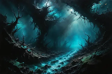 photorealistic, detailed digital illustration of a A deep-sea trench illuminated by the bioluminescence of strange, alien creatu...