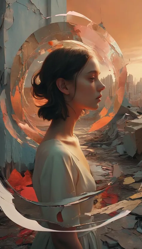 1girl,Digital art rendering of a contemplative figure, encircled by a swirl of mesmerizing, Agenerated photographs within a 'Broken Reality' theme. The photographs display a blend of surreal, fragmented scenes - urban skylines that twist into impossible shapes, natural landscapes that defy gravity, and ethereal spaces where time and space seem to warp. The scene is awash with a vibrant, otherworldly color palette, illuminated by dynamic, digital lighting that casts bizarre shadows and surreal glows. The style is a fusion of modern digital art and surrealism, echoing the visionary works of Beeple and Salvador Dali, characterized by crisp, high-definition detail, and a captivating, dream-like yet fragmented quality,(closeup:1.1)