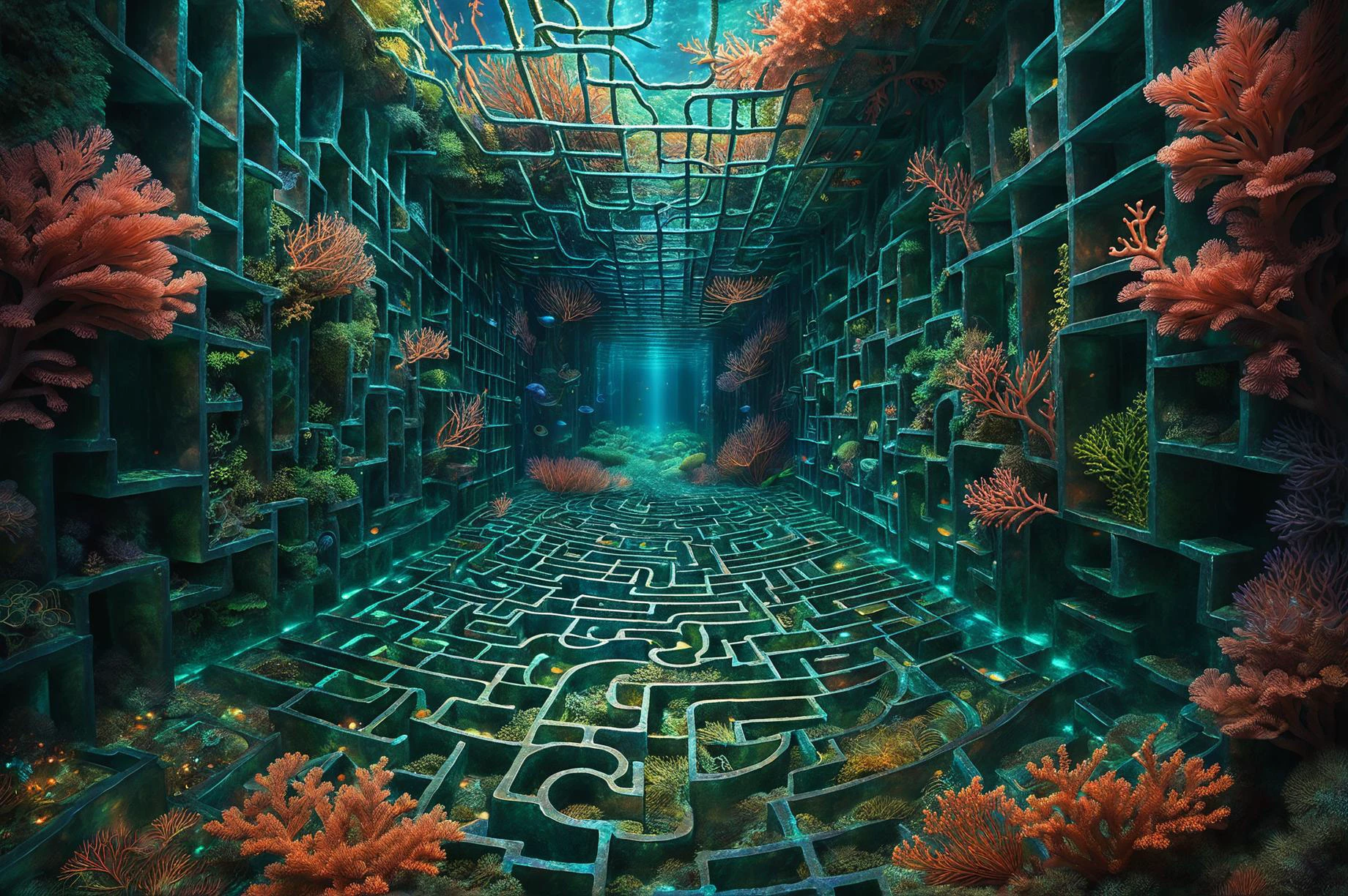 fotorrealista, ilustração digital detalhada de um labirinto de coral com paredes iridescentes, lar de criaturas marinhas esquivas que navegam pelo labirinto com graça, deixando rastros de trilhas biológicas brilhantes em seu rastro PENeonUV, liminar