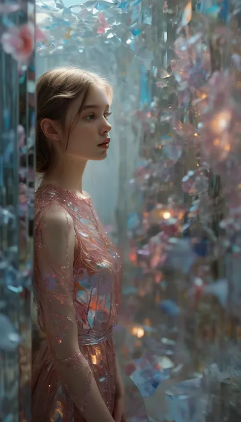 a woman in a pink dress standing in a room with lots of flowers