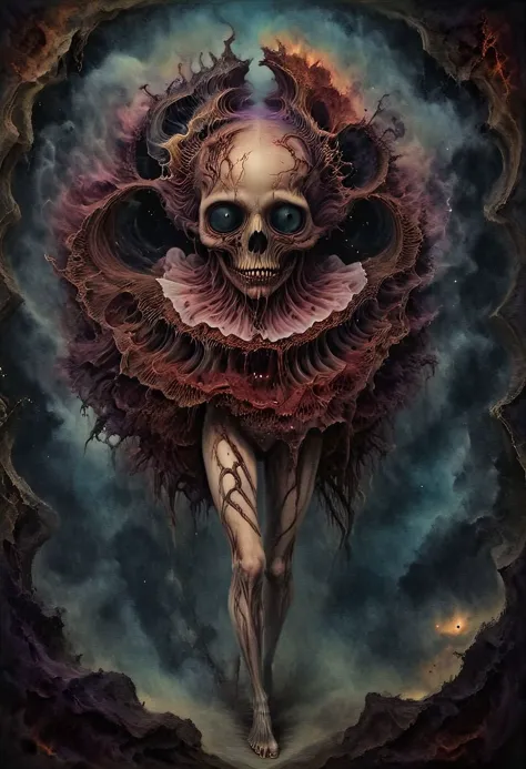 Cosmic horror notepad/face mask lifts skirt.the bottom of the panties is visible .an engraving .The plague  is in the background.houses on the bridge of the inevitable void of doom in the world of old disney art,  style, best quality, masterpiece, detailed, intricate details