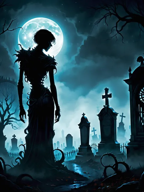 a close up of a person standing in a cemetery at night