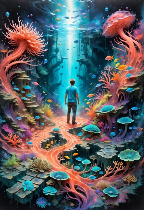 A coral labyrinth with iridescent walls, home to elusive sea creatures that navigate the maze with grace, leaving trails of glow...