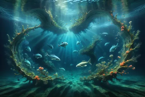 photorealistic, detailed digital illustration of a [An underwater realm with colossal, luminescent sea creatures whose rhythmic movements create a mesmerizing ballet of light and shadow on the ocean foor:A coral city built within the skeletal remains of a colossal sea creature, where chambers and walkways are formed by the creature's once-majestic boes:0.5],  