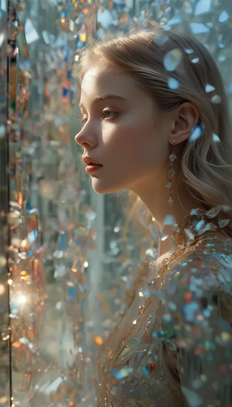 a woman in a gold dress looking out a window with confetti falling from it