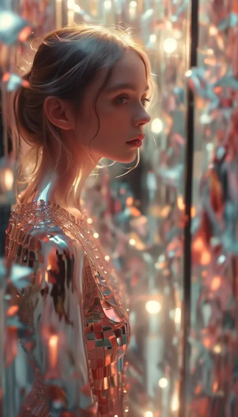 1girl,Beautiful woman in a Mirror World: Reflective, crystalline realm with endless mirrors, elegant woman with a graceful and serene demeanor, her image multiplied and fragmented in the mirror maze, soft and ambient lighting creating a mysterious allure, harmonious color palette with reflective surfaces casting subtle prismatic effects,(wind:1.2)