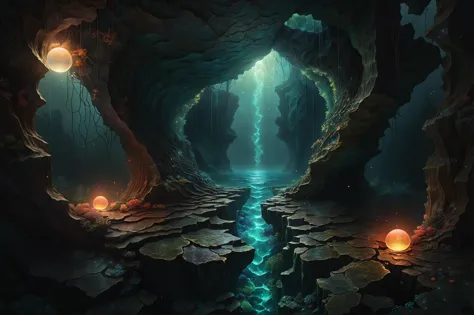 photorealistic, detailed digital illustration of a [An abyssal trench where ethereal, floating orbs of light guide the way throu...