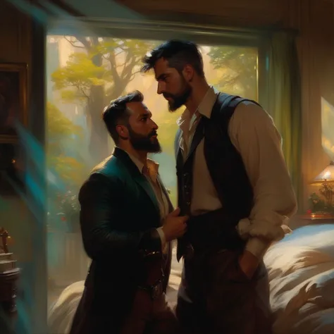 futuristic epic fantasy, science fiction, high-tech, legendary, whimsical, magical, mythical. action shot.
a homoerotic, homoromantic, gay, loving, exciting, steamy, magnificent, amazing, sexy, dramatic masterpiece (by Daniel F Gerhartz|Gaston Bussiere|Jeremy Mann|Maximilian Pirner:1.9) of A and B.
A is a short, dark-brown-skinned, muscular, iranian man with very short hair, and a perfect beard.
B is a tall, dark-tan-skinned, athletic, mexican protector with very short hair, and a short beard.
A and B are both in their early 30s, extremely attractive, virile, powerful, masculine, hairy, strong, desirable, and manly. A and B are wearing clothing from the distant future resembling Robin Hood.
The setting is indoors, in a bedroom. A and B are hugging one another.
The overall mood is provocative, passionate, expressive, sensual, magical, and visceral, evocative of gay romance, gravitas, and love.
extremely detailed, romantic lighting, romantic mood, romantic atmospheric, shadowplay, vignette.