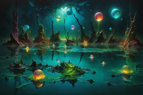 photorealistic, detailed digital illustration of a A bioluminescent lagoon, where the water's surface is adorned with floating, glowing orbs that emit an otherworldly glow beneath the moonlit se  <lora:EnvyBrokenRealityXL01:1.1>, <lora:gorgoeus_splash_of_vibrant_paint:0.7> Gorgeous splash of vibrant paint, <lora:EnvyVividXL01-adamw:0.7>