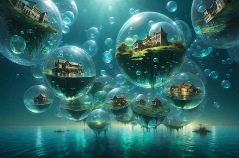 photorealistic, detailed digital illustration of a [A floating city suspended in massive, transparent bubbles, each encapsulatin...
