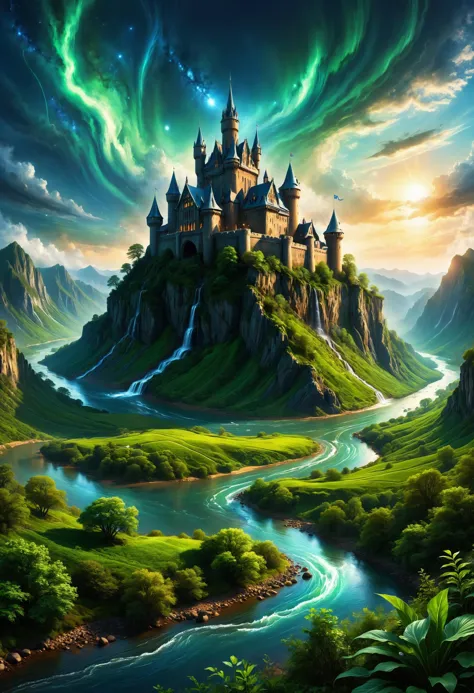 A medieval castle on a hill, its ramparts providing panoramic views of a meandering river and lush green valleys, Android detective solving interstellar crimes in the foreground, elegant, 