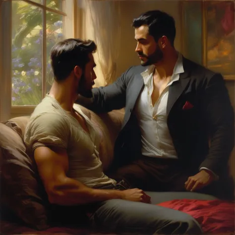 a painting of two men sitting on a couch next to each other