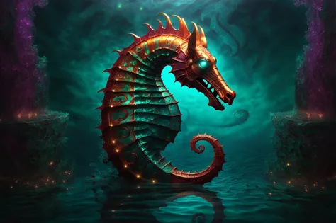 photorealistic, detailed digital illustration of a A colossal, mechanical seahorse guardian with intricate, glowing patterns etched into its metallic skin, standing sentinel at the entrance to an ancient, submerged temple,  <lora:EnvyBrokenRealityXL01:1.1>, <lora:EnvyFeverDreamXL01a:0.7>