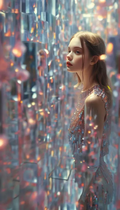 a woman in a dress standing in front of a wall of bubbles