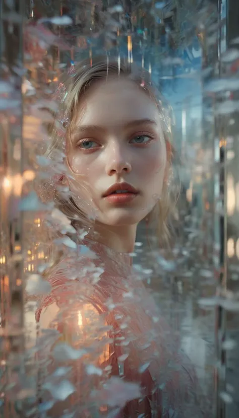 a woman standing in front of a glass wall with a reflection of a building