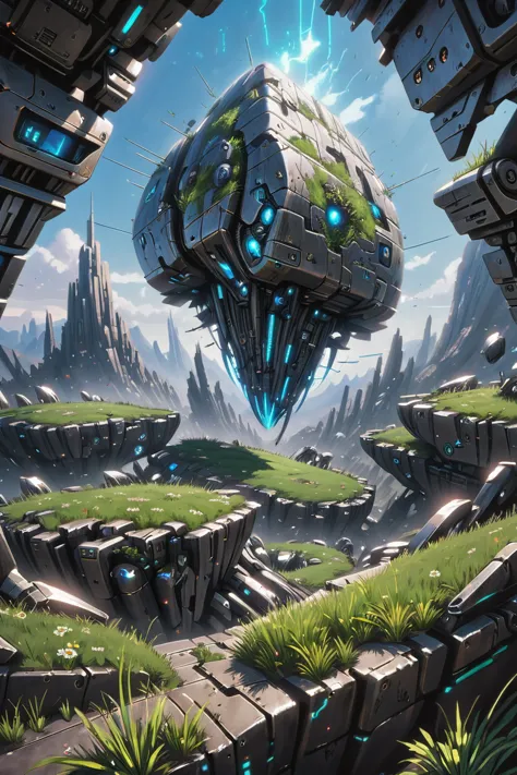 a futuristic sci - fiction scene with a futuristic spaceship floating over a green field