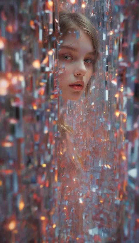 a close up of a woman looking out from a window covered in confetti