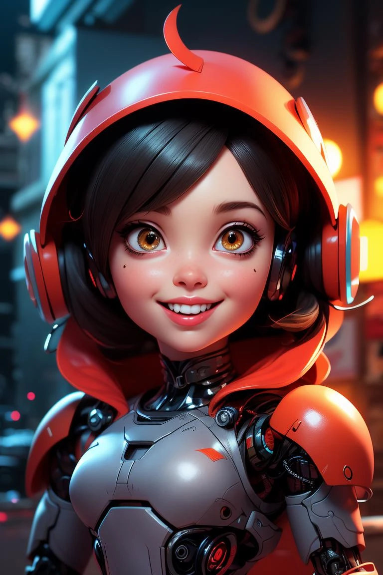 (espiègle, robot, style cyborg, dessin animé, fille, sourire mignon, Extérieur, rendu 3D) (meilleure qualité, 4K, 8k, haute résolution, chef-d&#39;œuvre:1.2), Ultra-détaillé, (réaliste, photoréaliste, photo-réaliste:1.37), hdr, UHD, éclairage de studio, Peinture ultra fine, netteté, rendu basé sur la physique, description extrêmement détaillée, Professionnel, Des couleurs vives, bokeh, portraits, paysage, horreur, Anime, science-fiction, la photographie, artistes conceptuels, Tons colorés, éclairage de rêve.